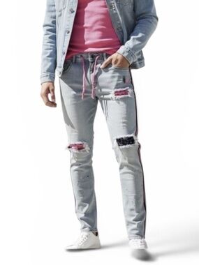 Focus NWOT Mens Slim Fit Faded Blue Distressed Jeans with Pink & Black